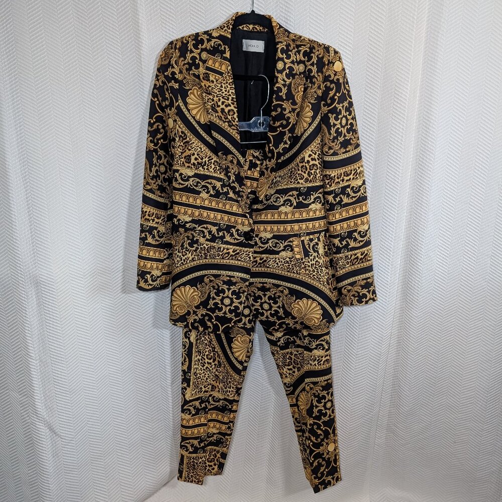 ViColo Italian 2 pc. Suit Baroque Leopard Print Blazer & Pants Black Gold Small